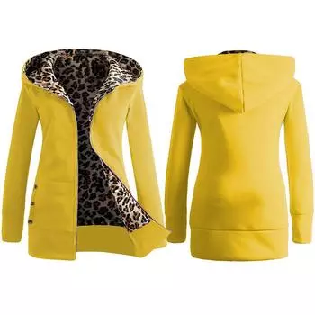 Women Plus Velvet Thicker Hooded Sweatshirt Leopard Zipper Coat Overcoat Outwear L