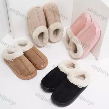 Women Plush Warm Home Platform Slippers Soft Comfortable Winter Home Non-slip Warm Thick Cotton Shoes Girls Indoor Fluffy Slides 36-37 чёрный