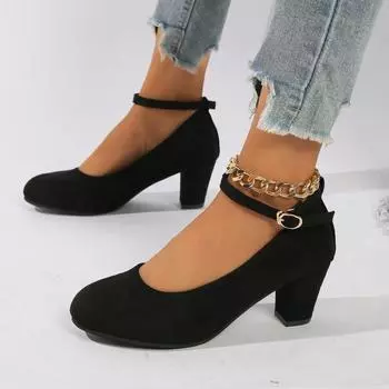 Women Pointed Toe High Heels buckle chunky Heels Elegant Dress Shoes Fashion Spring New Chunky Shoes Shallow Party Pumps Zapatos 35 красный