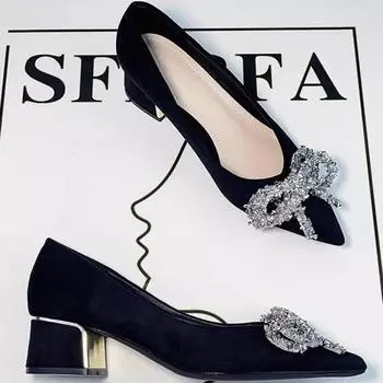 Women Pointed Toe Pumps Diamond Buckle Wedding Party Bridesmaid Shoes Fashion Ladies Shoes English Style Sexy High Heels Female 35 чёрный