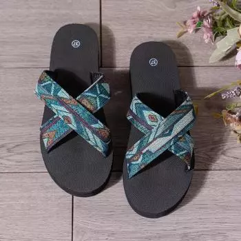 Women Print Flats Slippers Shoes 2024Summer Open Toe Sandals Female Fashion Slingback Flip Flops Shoes Brand Mujer Beach Slides 36 зелёный