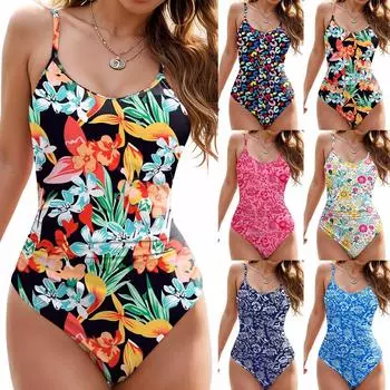 Women Print Jumpsuit Bikini Gather Push Up Sexy Sling Backless Swimsuit Women s Hanging Neck High Waist Suspender Bikini S чёрный
