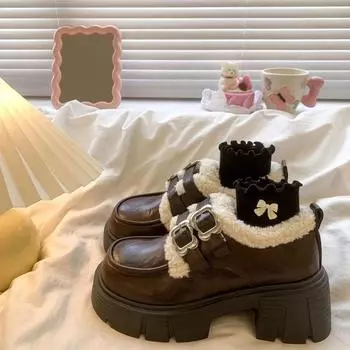 women Pumps Autumn Winter British Style Leather Shoes for Women New Student Japanese Vintage Plush Warm Cotton Shoes for Women 35