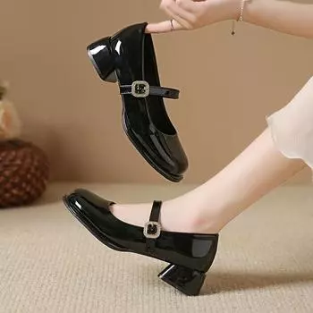 Women Pumps Chunky Heels Chic Elegant Mary Janes shoes Classic Ladies Solid color single shoe Beige Wedding party dress Shoes 4.5 чёрный