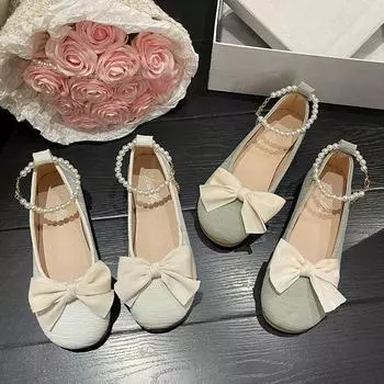 Women Pumps Elegant Mary Jane Flats Sweet Girl Ribbon Bow Pearl Chain Lolita Shoes Comfortable Round-toe Soft Sole Shallow Shoes 35 бежевый