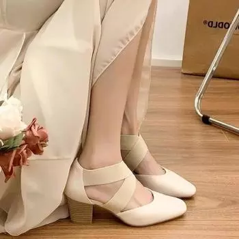 Women Pumps French Style Cowhide Summer Shoes Cross-Tied Woman Sandals Lady Spring Autum Retro Pumps Thick Heel 6.5 CM Round Toe 35