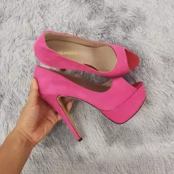 Женские туфли-лодочки, новые модные 14 см сексуальные туфли с открытым носком на высоком каблуке, бархатная платформа, тонкий каблук, женские вечерние танцевальные красные свадебные туфли 35