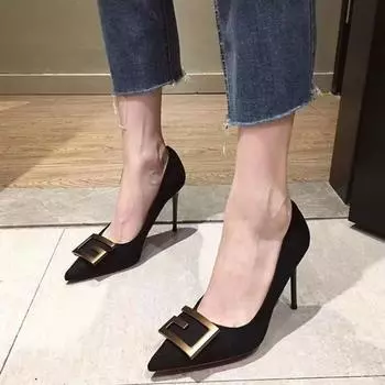 Women Pumps Spring New Elegant Metal Buckle Shoes for Women Pointed Toe Office Luxury Trend Heels Women Wedding Shoes Bride 34 чёрный