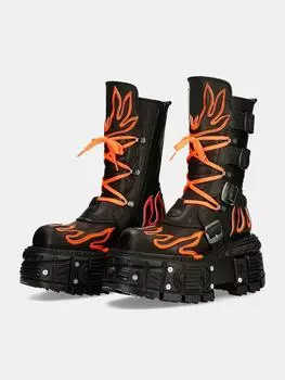 Women Punk Retro Fashion Boots Round Toe Thick Sole Lace Up Flats Boots 2025 Metal Decoration Leather Mid Calf Boots Hot Sale 35