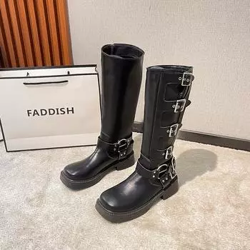 Women Retro Boots Spring Trend Buckle Knee-High High Boots Motorcycle Footwear Punk Rock Fashion Comfort Leather Women Shoe 35