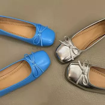 Women Retro Gentle Bowknot Flat Shoes Fashion Elegant Blue Sliver Square Toe Slip on Spring Autumn Dress Loafer Casual Shoes 35 синий