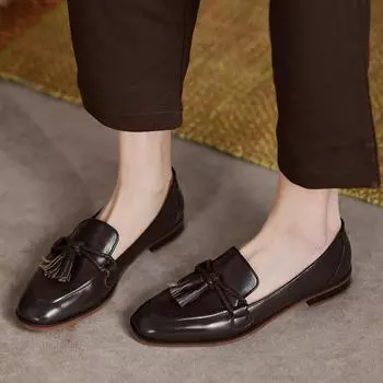 Women Retro Preppy Loafers Soft Leather Thin Shoes Fashion Small Heels Bows Tassels Pumps Slip-on Casual Shoes Lady Work Shoes 34 чёрный