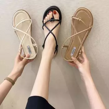 Женские сандалии с круглым носком, повседневная обувь, пляжные летние женские шлепанцы, модные милые женские туфли на плоской подошве, легкие дышащие римские сандалии 35 чёрный