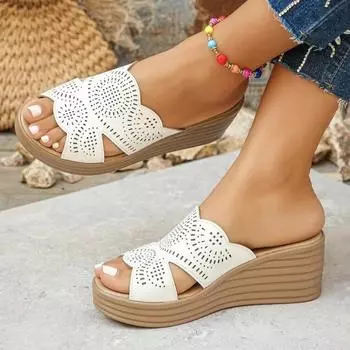 Women Round Toe Wedges Heel Shoes Ladies Casual Open Toe Comfort Spring Summer Rhinestone Slippers Party Sandals Plus Size 35-43 36