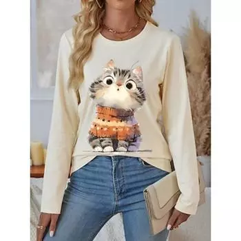 Women s 100% Cotton T shirt Tee Daily Weekend Casual Long Sleeve Black Fall Winter S