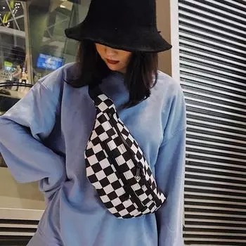 Women s 2021 Fashion Checkerboard Plaid Waist Bag - Black & White Canvas Crossbody with Double Zipper