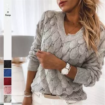 Women s 2022 Winter Feather Knit V-Neck Sweater - European & American Style, Long-Sleeved, Solid Color Extra Large чёрный