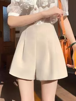 Women s 2023 Black High-Waist Woolen Shorts: Wide-Leg, Slim-Fit, A-Line Skirt Style for Autumn/Winter, Plus Size Available. Large чёрный