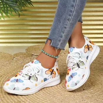 Women s 2024 European and American autumn new fly-woven breathable casual lightweight running shoes large size mesh printing sports shoes 36 белый