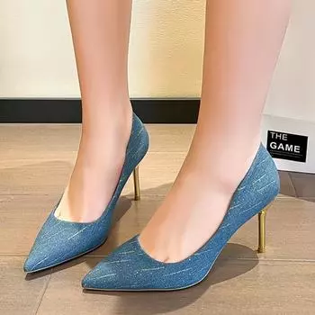 Women s 2024 New High Heels Sexy Denim Pointed Elegant Party Stilettos Summer Fashion Daily Office Women s Shallow Mouth Zapatos 34 чёрный