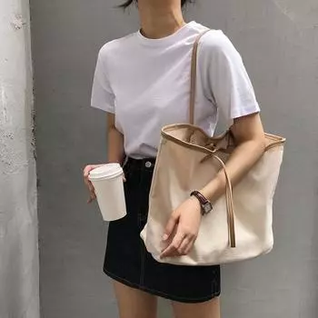 Women s 2024 new ins canvas bucket simple portable shopping bag large capacity casual shoulder bag абрикосовый