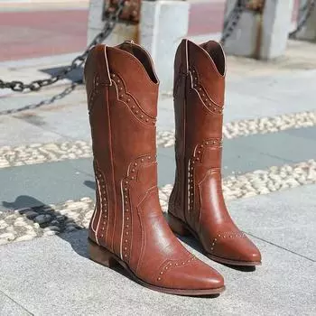 Women s 2024 New Low Heel Denim Western Short Leather Knee High Luxury Designer Gothic New Rock Shoes Retro Zapatos Mujer 35 коричневый