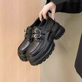 Women s 2024 New Spring and Autumn British Thick Sole Casual Buckle Low Top Single Shoes 35 матовый черный