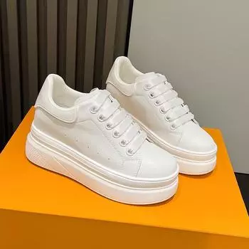 Women s 2024 Spring/Autumn Height-Boosting White Sneakers – Trendy, Lightweight, Genuine Leather Casual Shoes 36 чёрный