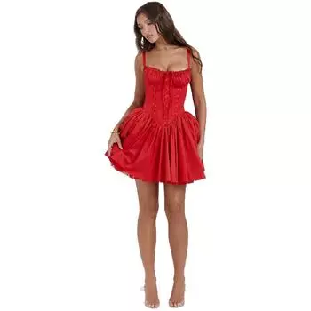 Женские летние платья 2024, модные многоуровневые многоуровневые струящиеся мини-пляжные сарафаны с рюшами для отпуска, путешествий S красный