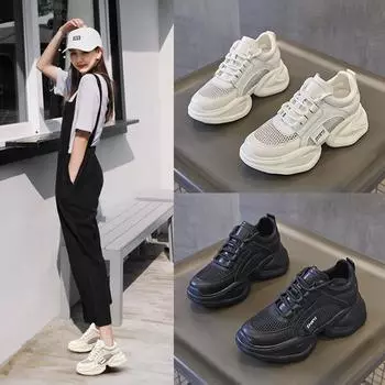 Women s 2024 Summer White Mesh & Leather Height-Enhancing Casual Shoes with Thick Sole. 34 грязно-белый