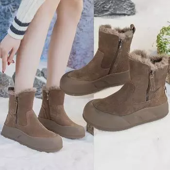 Women s 2024 Thick-Soled Genuine Leather Snow Boots, Non-Slip, Velvet-Lined, Warm Winter Cotton Boots 35 чёрный