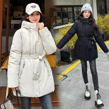 Women s 2024 winter new of casual waist and thin hooded medium and long down cotton clothes women s thickened coat M хаки
