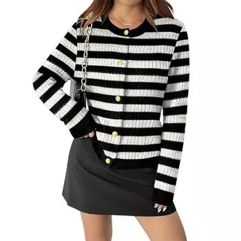 Women s 2025 Cardigan Sweaters Button Down Crew Neck Open Front Long Sleeve Knit Cropped Jackets S чёрный