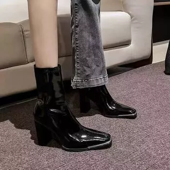 Women s 2025 new autumn and winter Kendou same patent leather thick heel versatile high-end thin boots short women s single boots 35