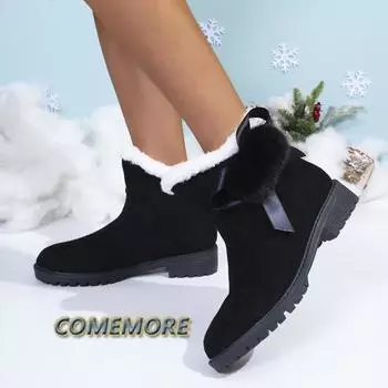 Women‘s 2025 New Autumn Winter Snow Short Boots Round Head Elegant Low Heel Comfortable Non Slip Female Bow Casual Shoes Outdoor 36 чёрный