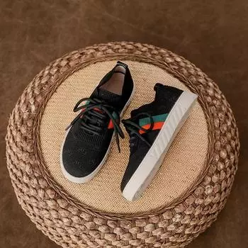 Women s 2025 New Versatile Soft-Faced Thin Soft-Soled Fly-Knitted Casual Shoes, Flat Sneakers, Lace-up Sneakers 35 чёрный