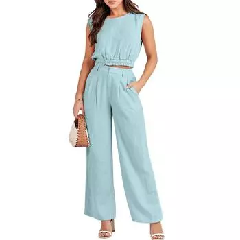 Женские комплекты из 2 предметов: льняной укороченный топ-майка, подходящие комплекты и широкие брюки, спортивные костюмы с карманами L