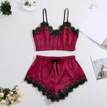 Women s 2 Piece Pajama Set Lace Trim V Neck Cami Crop Top Elastic S горячий розовый