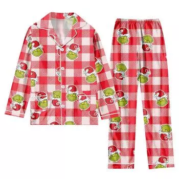 Women s 2 Piece Printed Suit Long Sleeve Button Up Top Wide Leg Pants Suit Set Pajamas Home Casual Suit 110 красный