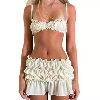 Женские комплекты из 2 юбок, однотонные, с оборками на тонких бретельках, без рукавов, топы на бретельках, мини-юбки, комплект одежды S белый