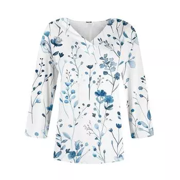 Women s 3/4 Sleeve Shirts V Neck Print Tops Casual Tops Basic Tees Blouse Loose Tops S