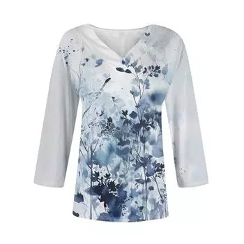 Women s 3/4 Sleeve Shirts V Neck Print Tops Casual Tops Basic Tees Blouse Loose Tops S темно-синий