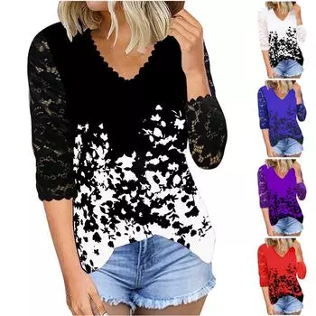 Women’s 3/4 Sleeve Tops Lace Casual Loose Flower Print Blouses T Shirts Tunic Tops L чёрный