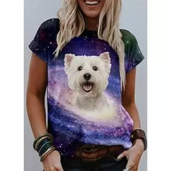 Women s 3D Cat and Dog Print Round Neck Casual Women s T-shirt Women s T-shirt S