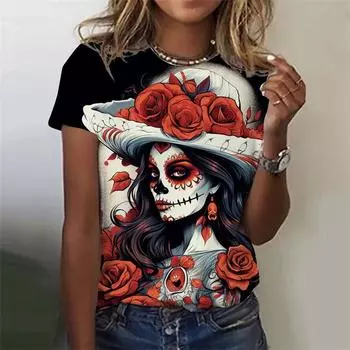 Women s 3D printed casual O collar top Horror Undead pattern series sexy girls short sleeve T-shirt XS