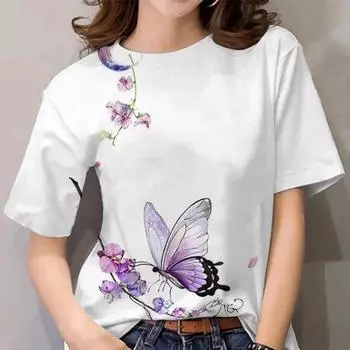 Women s 3D printed T-shirt, round neck casual daily wear, short sleeved, loose fit, large size, Y2K 2XS