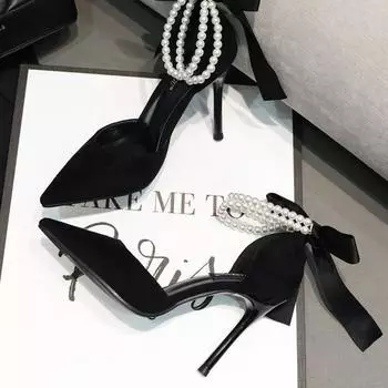 Women s 7cm/9cm High Heel Shoes New Black String Beads Pointed Toe Thin Heel Shoes for Women Party Wedding Women s Heeled Shoes 34