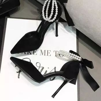 Women s 7cm/9cm High Heel Shoes New Black String Beads Pointed Toe Thin Heel Shoes for Women Party Wedding Women s Heeled Shoes 34