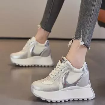 Women s 8cm Lift Breathable Dad Sneakers - Thick-Soled Mesh Casual Sports Shoes (Model A8878) Size 34 серебряный