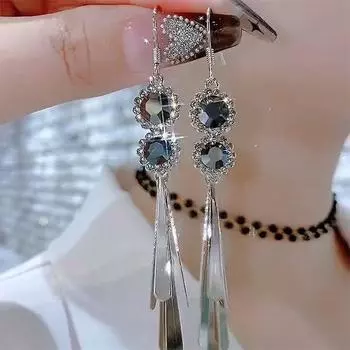 Women s Ancient Style Tassel Sterling Silver Needle Fancy Ear Rings Gun Black Zircon Tassel Earrings